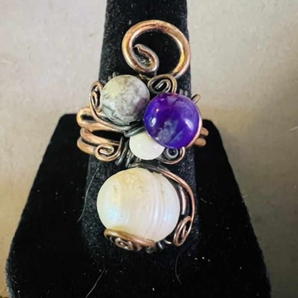 Handcrafted Copper Wire Wrap Band Ring w/ Pearl & Amethyst, Adjustable Sz 6.75